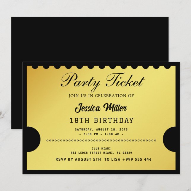 Inbjudan till Golden Party Biljett (Fram/baksida)