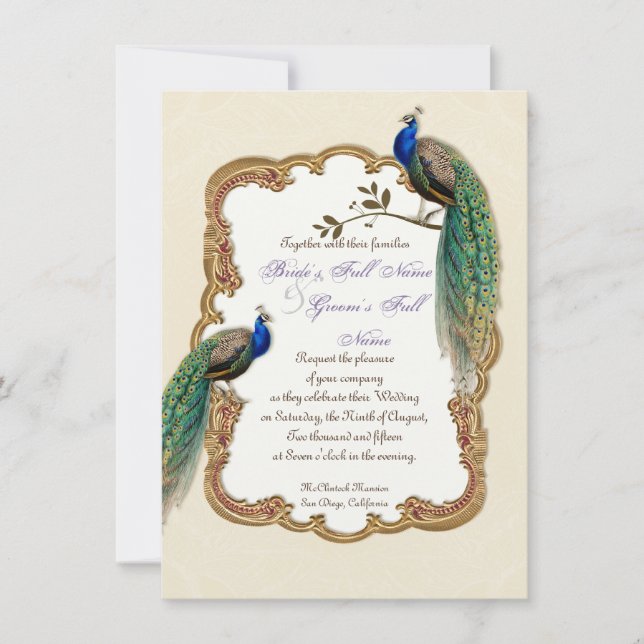 Inbjudan till Golden Peacock & Calligraphy Swirls (Framsida)