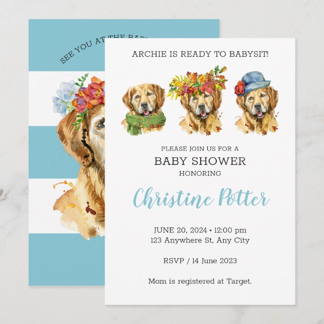 Inbjudan till Golden Retriever Watercolor Baby Sho (Fram/baksida)