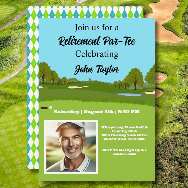 Inbjudan till golfbane-pensionärsfest med foto (Skapare uppladdad)