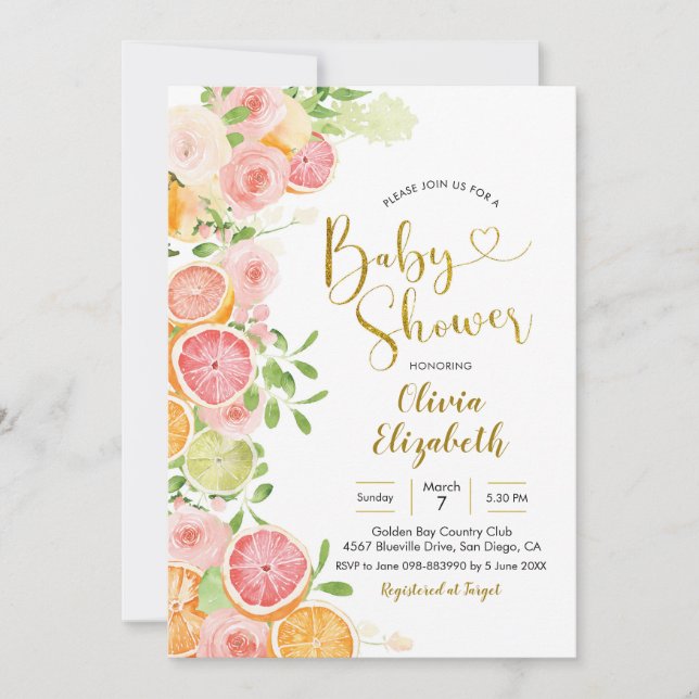 Inbjudan till Grapefrukt Citrus Fruit Baby Shower (Framsida)