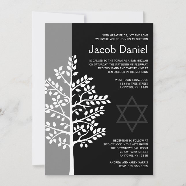 Inbjudan till grått Black Livets träd Pub Mitzvah (Framsida)