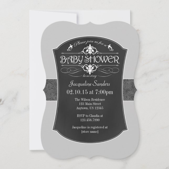 Inbjudan till grått Chalkboard Baby Shower (Framsida)