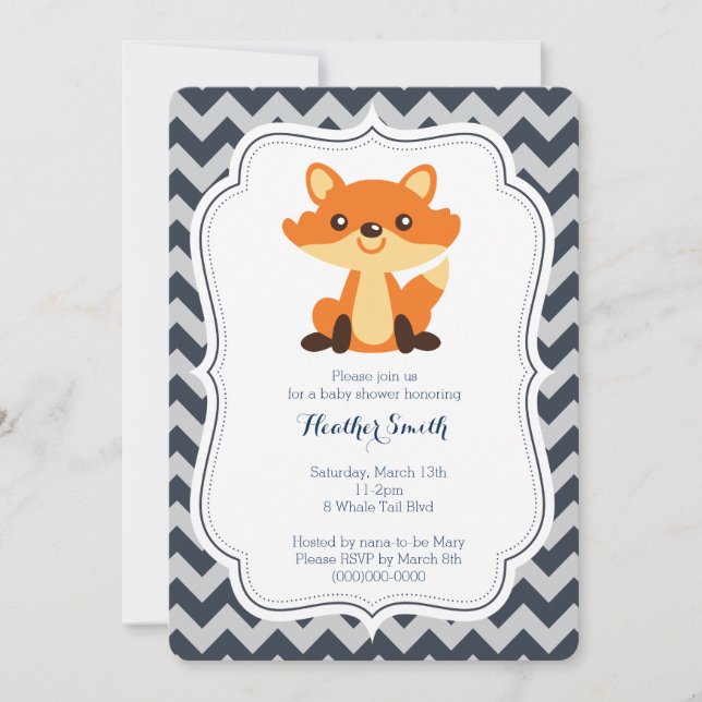 Inbjudan till Grått Fox Baby Shower (Framsida)