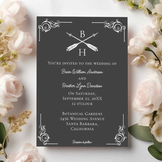 Inbjudan till grått Monogram och Arrows Wedding (Gray Monogram and Arrows Wedding Invitation)