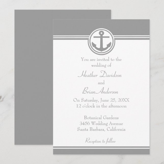 Inbjudan till grått Nautical Anchor Wedding (Fram/baksida)