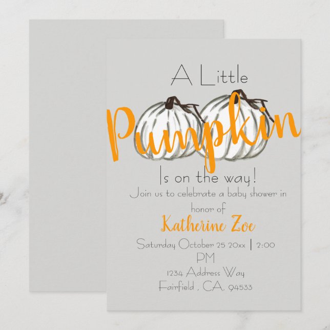 Inbjudan till grått-vit pumpa för babydusch (Fram/baksida)