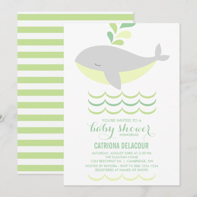 Inbjudan till grått Whale Kön Neutral Baby Shower (Fram/baksida)