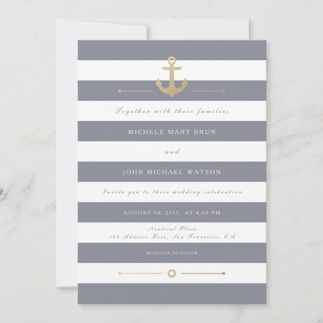 Inbjudan till grått White Stripe Nautical Wedding (Framsida)