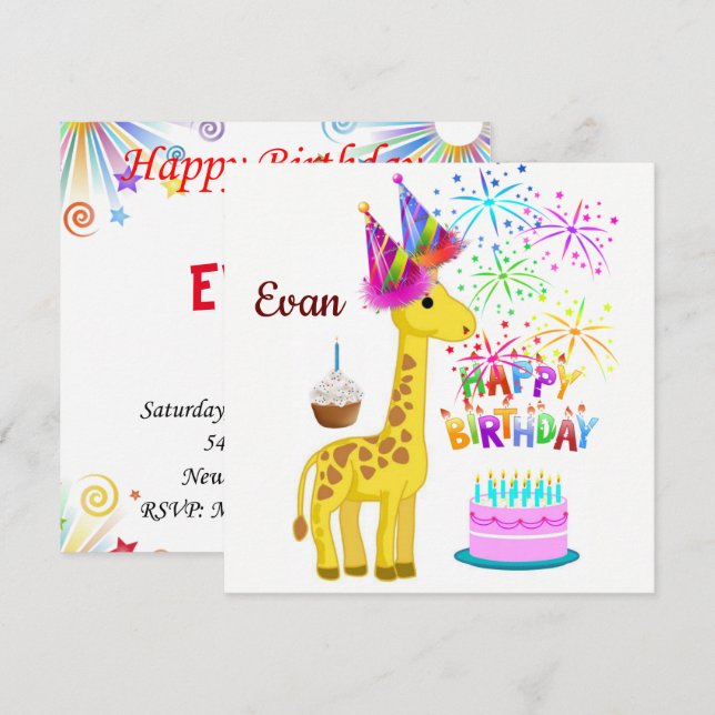 Inbjudan till Grattis på födelsedagen-kort Giraffe (Fram/baksida)