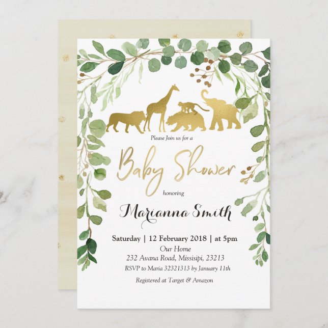 Inbjudan till Greenery Safari Animal Baby Shower (Fram/baksida)