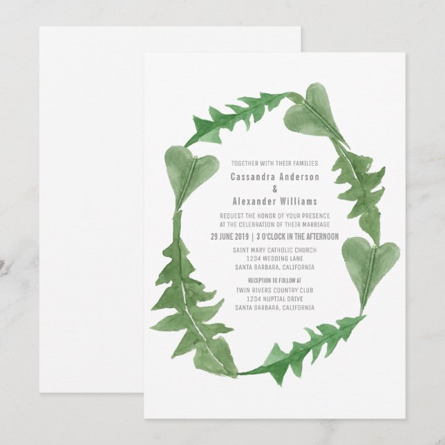 Inbjudan till Greenery Watercolor Foliage Wedding (Fram/baksida)