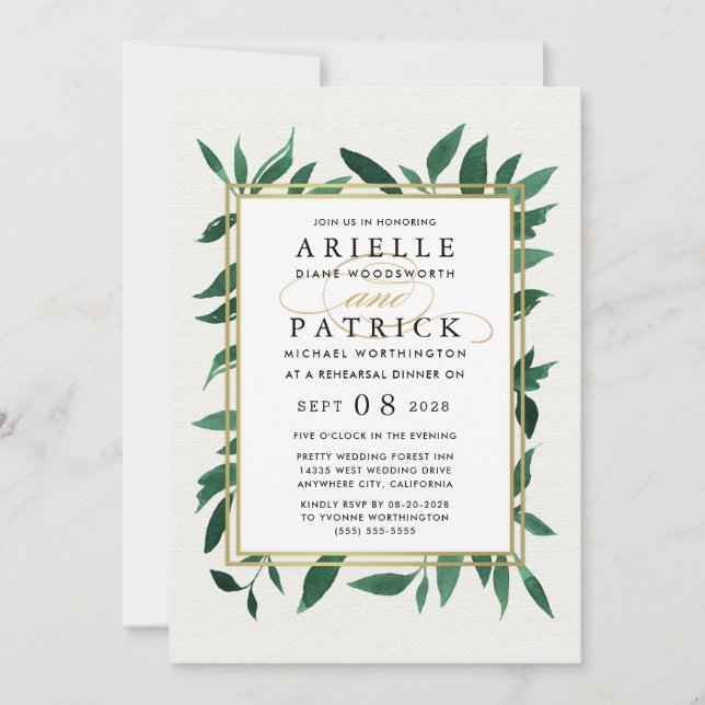 Inbjudan till Greenery Watercolor Rehearsal Dinner (Framsida)