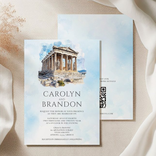Inbjudan till grekiska destinationsbröllop med QR- (Greek Destination Wedding Invitation with QR Code)