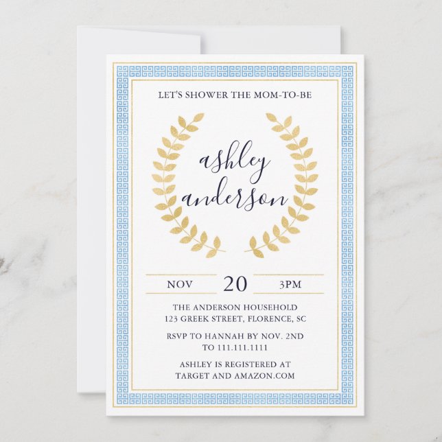 Inbjudan till grekiska Toga Baby Shower (Framsida)