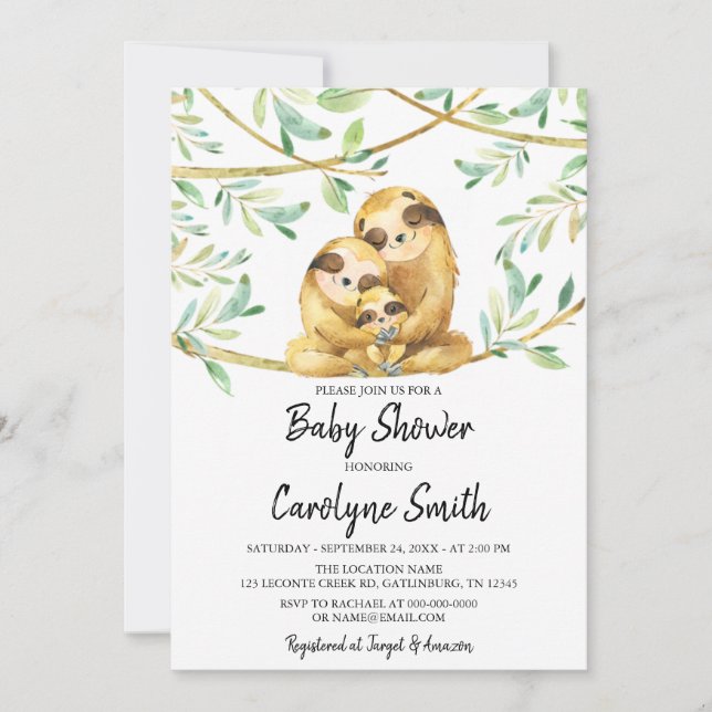 Inbjudan till Grey Adsible Sloth Baby Shower (Framsida)