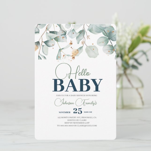 Inbjudan till Grey Baby Shower, Eucalyptus-blomma (Stående Fram)