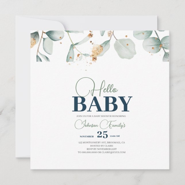 Inbjudan till Grey Baby Shower, Eucalyptus-blomma (Framsida)