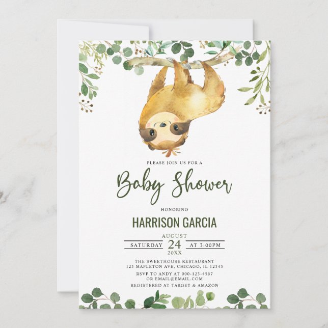 Inbjudan till Grey Blommigt Cute Sloth Baby Shower (Framsida)
