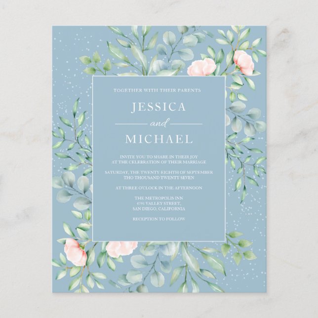 Inbjudan till Grey Cream Ro Dusty Blue Wedding Flygblad (Framsidan)
