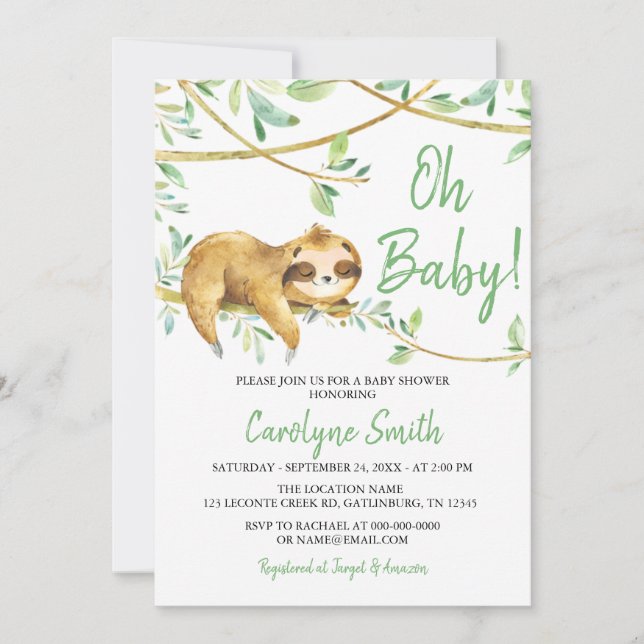 Inbjudan till Grey Cute Sloth Baby Shower (Framsida)
