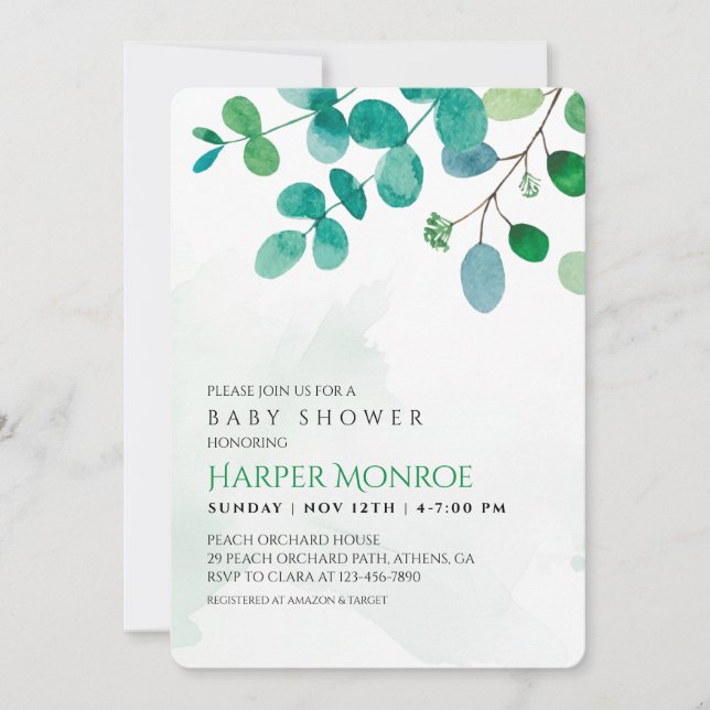 Inbjudan till Grey Eucalyptus Baby Shower (Framsida)