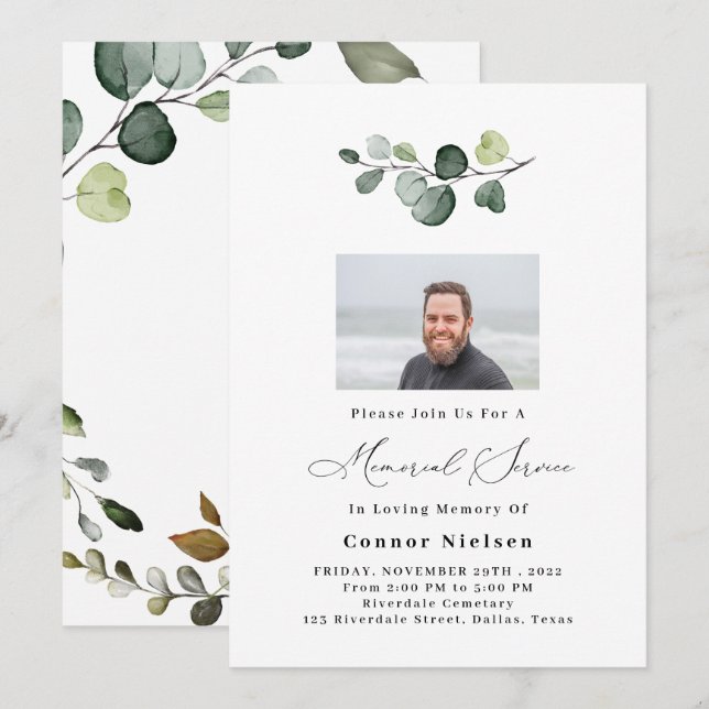 Inbjudan till Grey Eucalyptus Memorial Service (Fram/baksida)