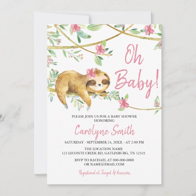 Inbjudan till Grey  Rosa Cute Sloth Baby Shower (Framsida)