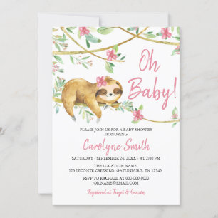 Inbjudan till Grey  Rosa Cute Sloth Baby Shower