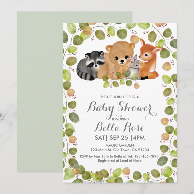 Inbjudan till Grey Woodland Animals Baby Shower (Fram/baksida)
