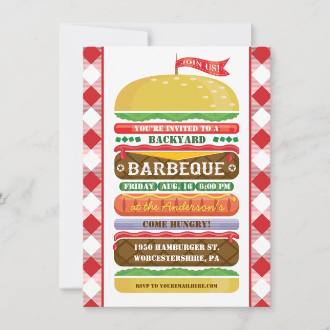 Inbjudan till grillfest med hög hamburgare (Framsida)
