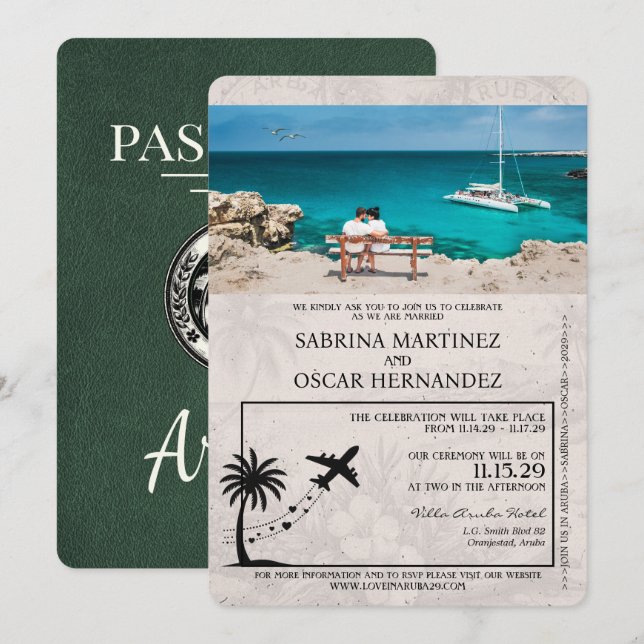 Inbjudan till grönt Aruba Passport Wedding (Fram/baksida)