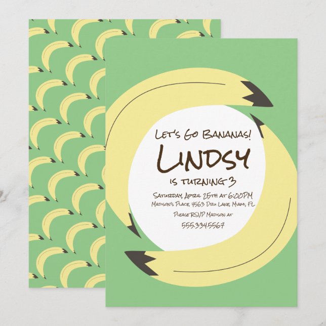Inbjudan till Grönt av Banana Födelsedagsfest  Gul (Fram/baksida)