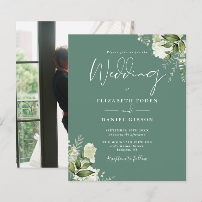 Inbjudan till Grönt av budgeteukalyptus-fotobröllo (Fram/baksida)