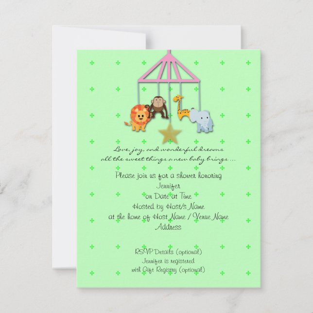 Inbjudan till Grönt Baby djur Mobile Baby Shower (Framsida)