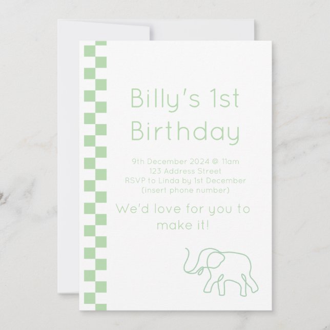 Inbjudan till grönt Baby Elephant Birthday (Framsida)