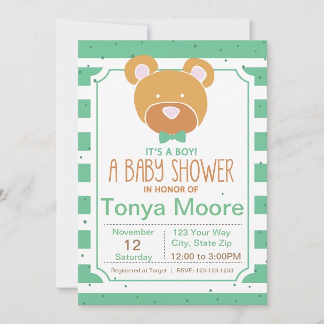 Inbjudan till grönt Bear Baby Shower (Framsida)