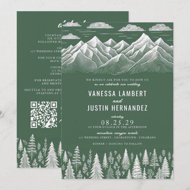 Inbjudan till grönt bergsbröllop med QR-kod (Fram/baksida)