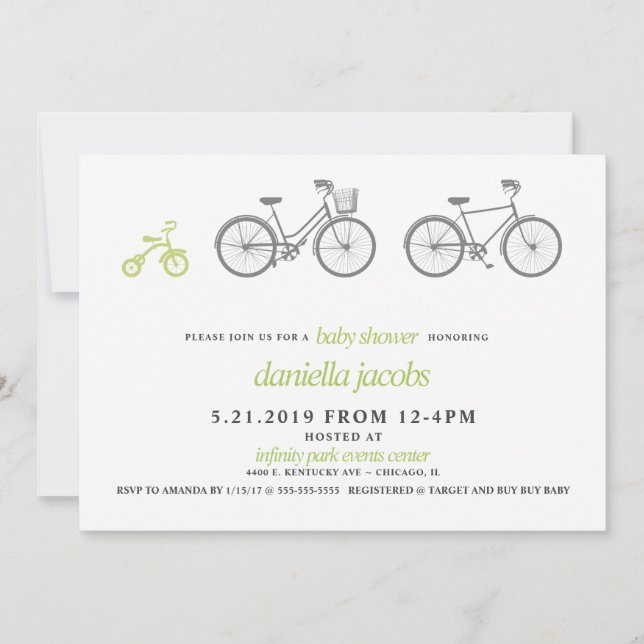 Inbjudan till grönt Bicycle Baby Shower (Framsida)