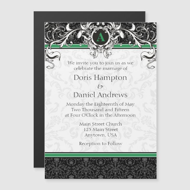 Inbjudan till grönt Black Monogram Magnetic Weddin Magnetisk Inbjudningskort (Fram/baksida)