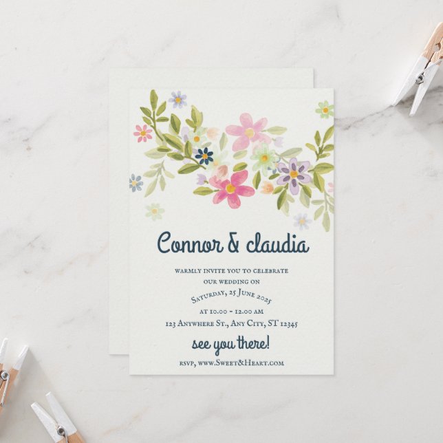 Inbjudan till grönt Blommigt för utsmyckningsbröll (Fram/Back In Situ)