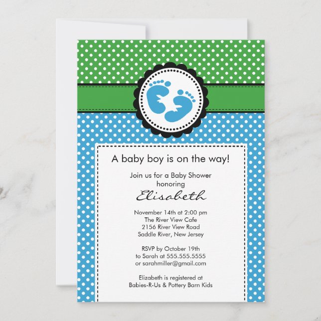 Inbjudan till Grönt Blue Footprint Boy Baby Shower (Framsida)