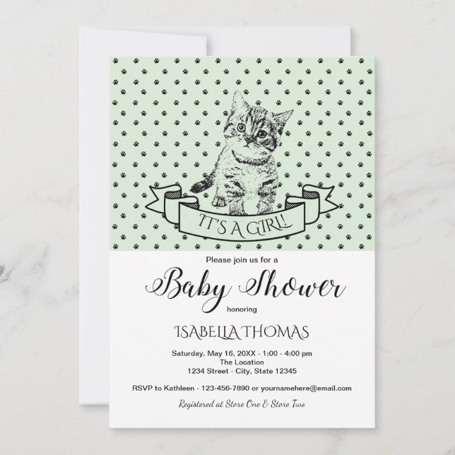 Inbjudan till grönt Cute Kitten Baby Shower (Framsida)