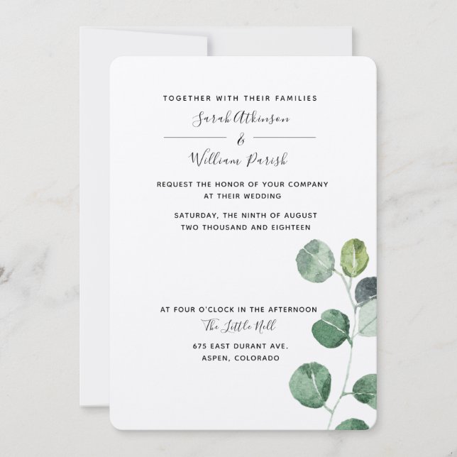 Inbjudan till grönt Eucalyptus Wedding (Framsida)