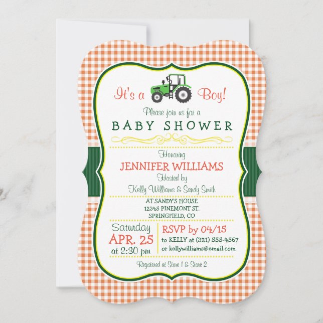 Inbjudan till grönt Farm Tractor Boy Baby Shower (Framsida)