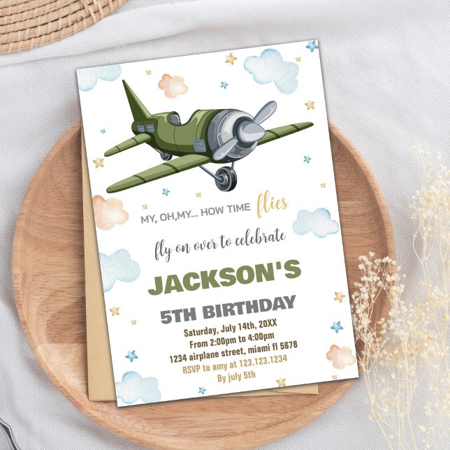 Inbjudan till grönt Flygplanets födelsedag (Green Airplane Birthday Invitations)