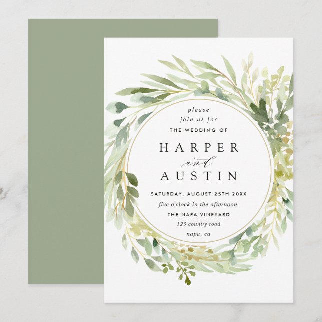 Inbjudan till grönt Foliage Wand Botanical Wedding (Fram/baksida)