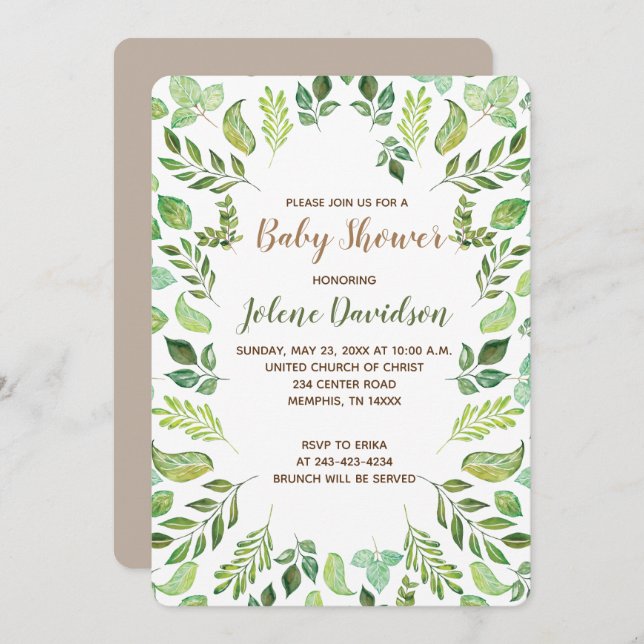 Inbjudan till grönt Foliage Watercolor Baby Shower (Fram/baksida)