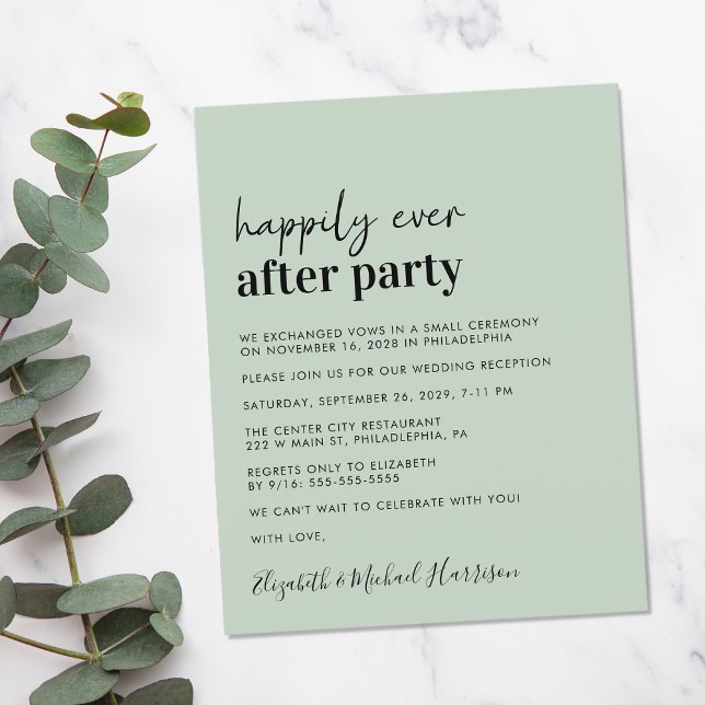 Inbjudan till Grönt för bröllopsnotering för budge (A chic and affordable Happily Ever After Party invitation)