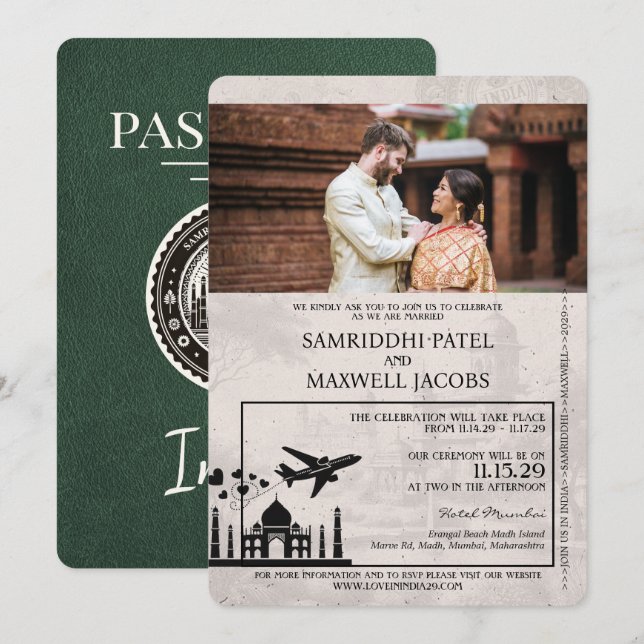 Inbjudan till grönt India Passport Wedding (Fram/baksida)